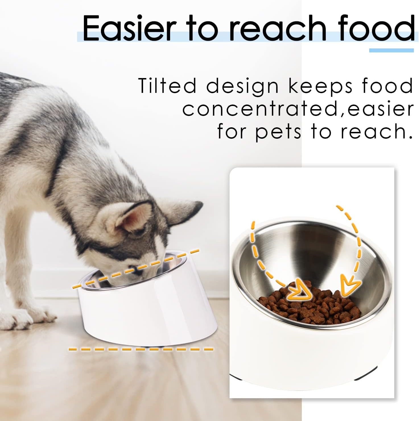 SuperDesign Mess Free 15° Slanted Bowl for Dogs and Cats, Tilted Angle Bulldog Bowl Dog Feeder, Non-Skid & Non-Spill, Easier to Reach Food L/2 Cup White