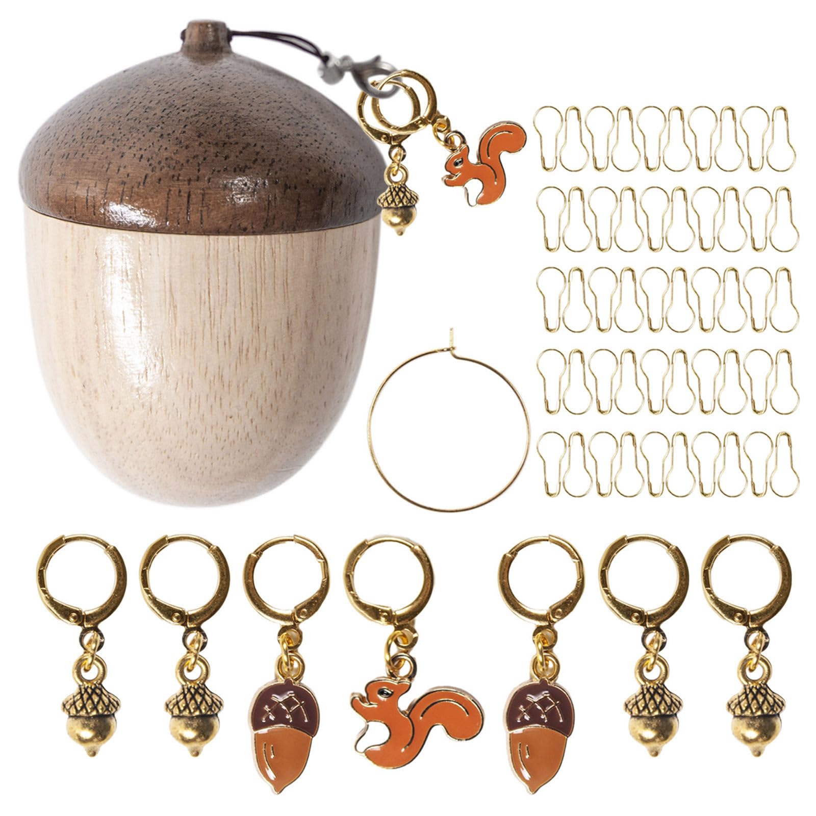 Kalttoy Nut Animal Shape Knitting Markers Charm Wood Metal Locking Stitching Markers with Organiser for Knitting Crocheting Locking