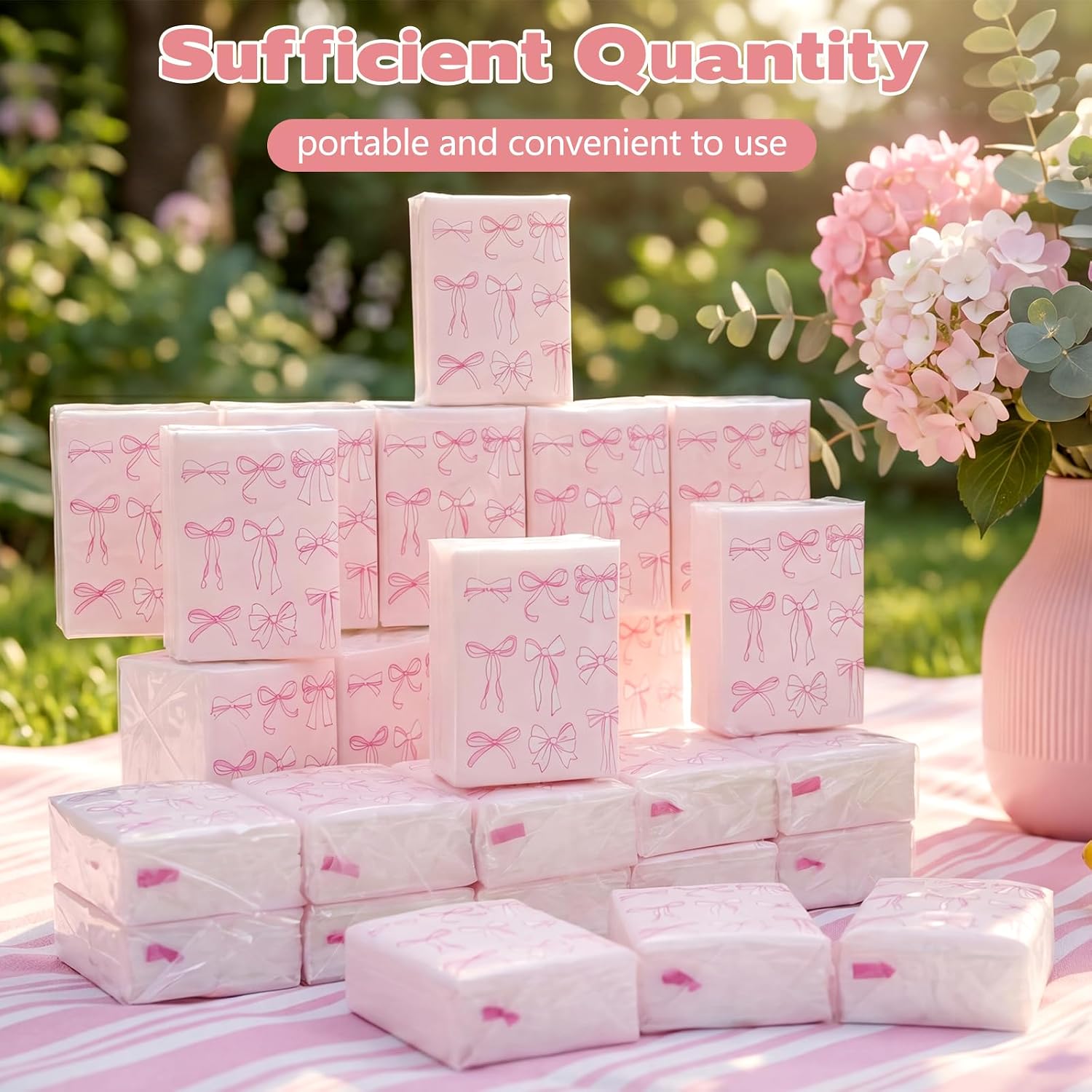 NatNarr 100 Pack Pocket Tissues, 3 Ply Pink Bow Travel Tissues image 2
