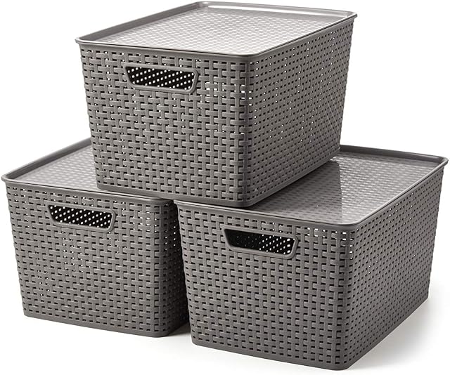 EZOWare Set of 3 Large Plastic Knitted Woven Storage Basket With Lid, Stackable Organiser Lidded Bin Box for Nursery, Kids, Closet, and More - 42 x 29 x 22.5 cm / Gray