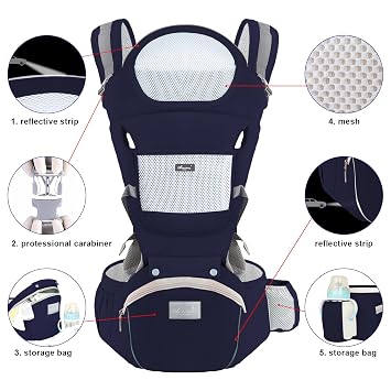 Baby Carrier with Hip Seat, Multi-Functional 9 in 1 Baby Wrap Carrier Newborn to Toddler for All Seasons Ergonomic Baby Sling Carrier Hands Free Baby Backpack Carrier 7-45 lbs (Blue)