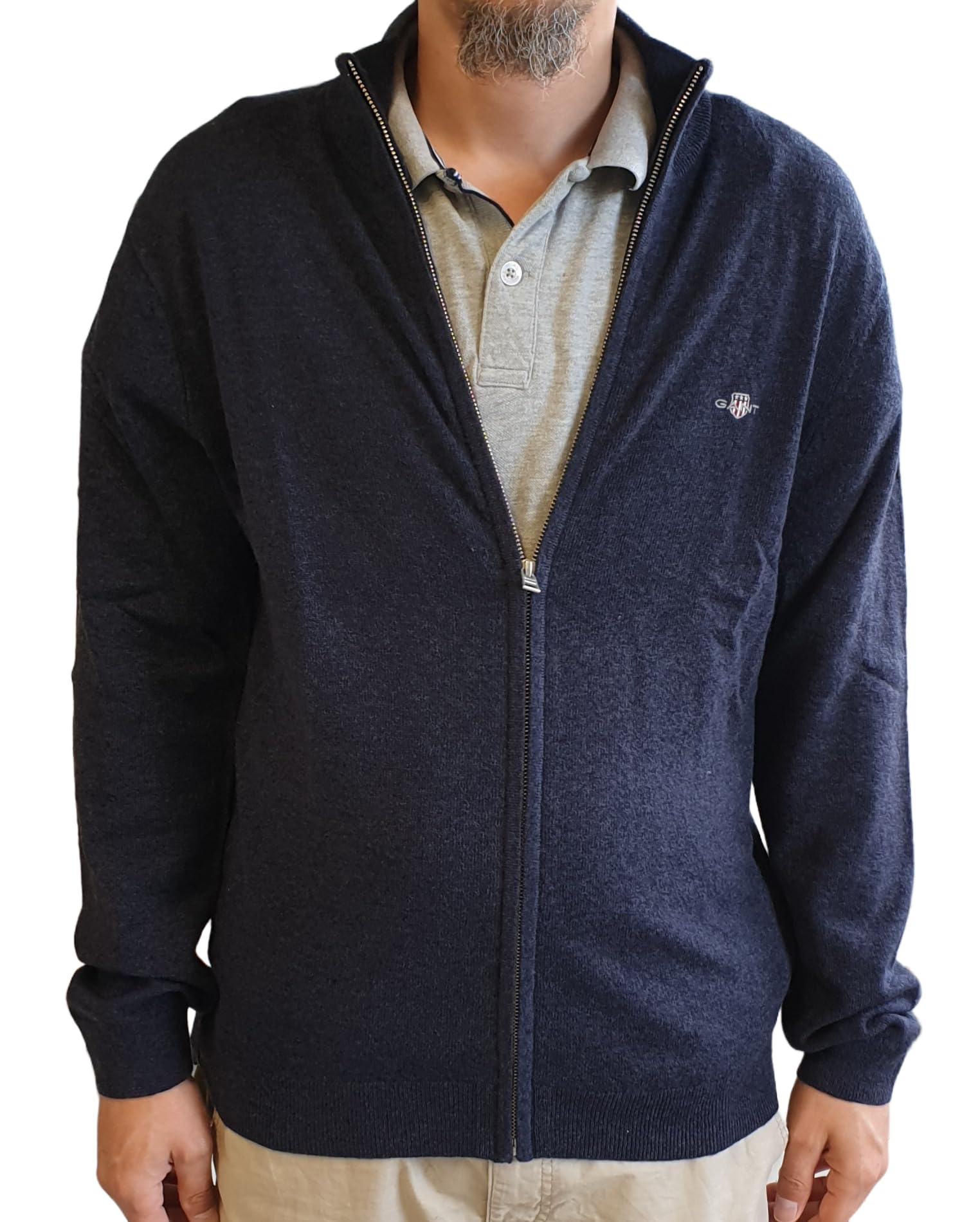 GANT Extrafine Lambswool Zip Cardigan, Dark Navy Melange, XL