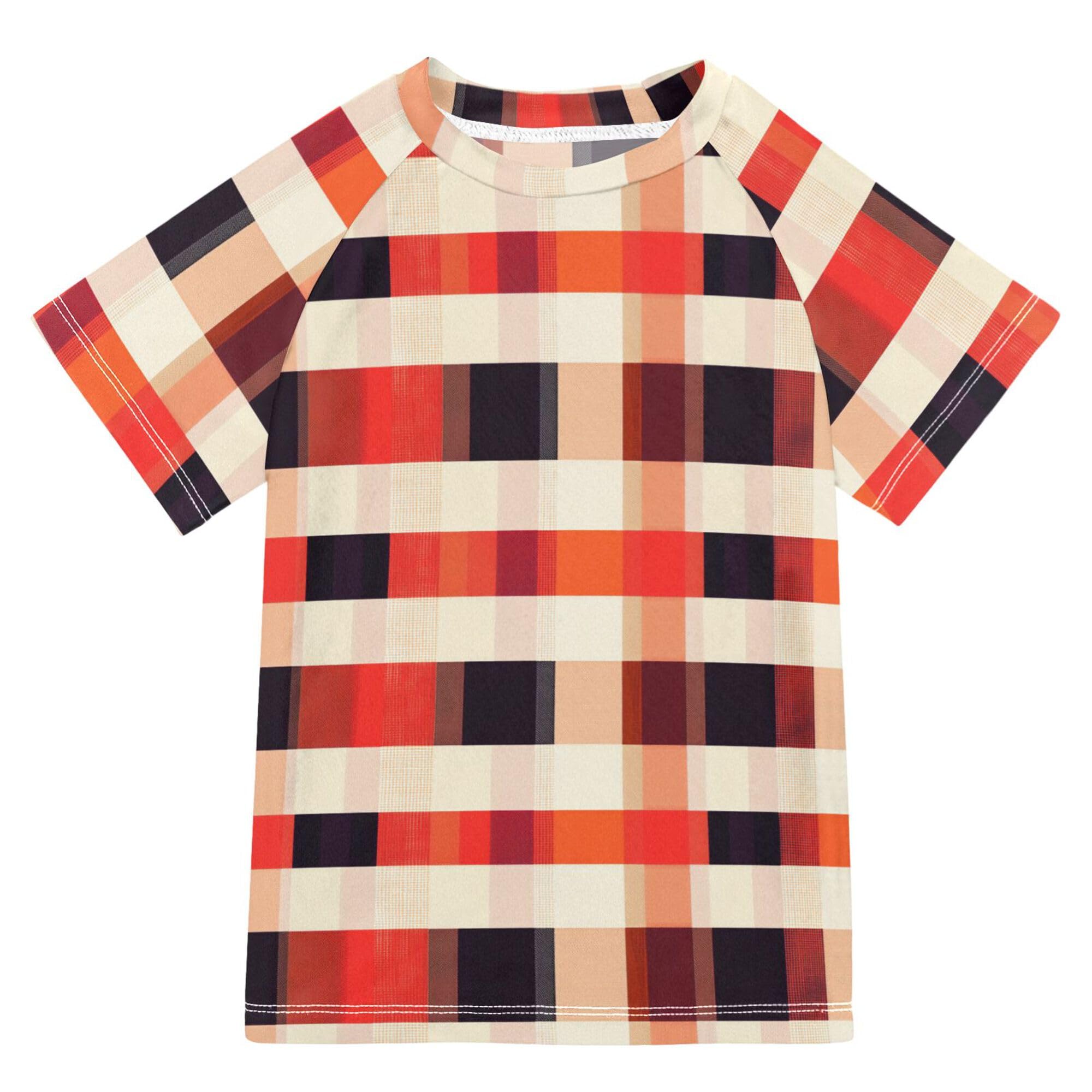 Wudan Buffalo Plaid Check Red Orange Girls Bathing Suit UV Protection Girls Swimsuit with Rashguard Swimwears Volleyball Shirts for Big Boys 11-12Y