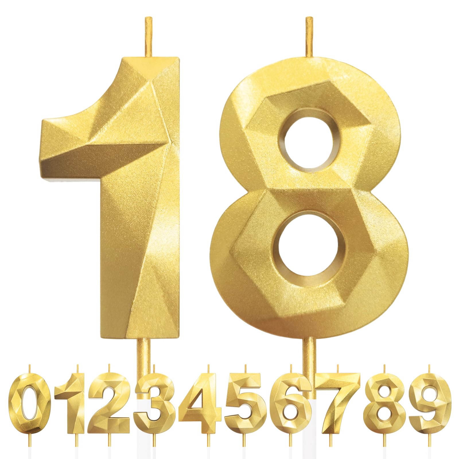 Lfwzry Gold 18Th Birthday Candles, Number 18 Candle, Birthday Candles For Cake, Diamond 3D Happy Birthdays Candles, Cake Candle Decorations For Birthdays Party Wedding Anniversary Celebration Supplies