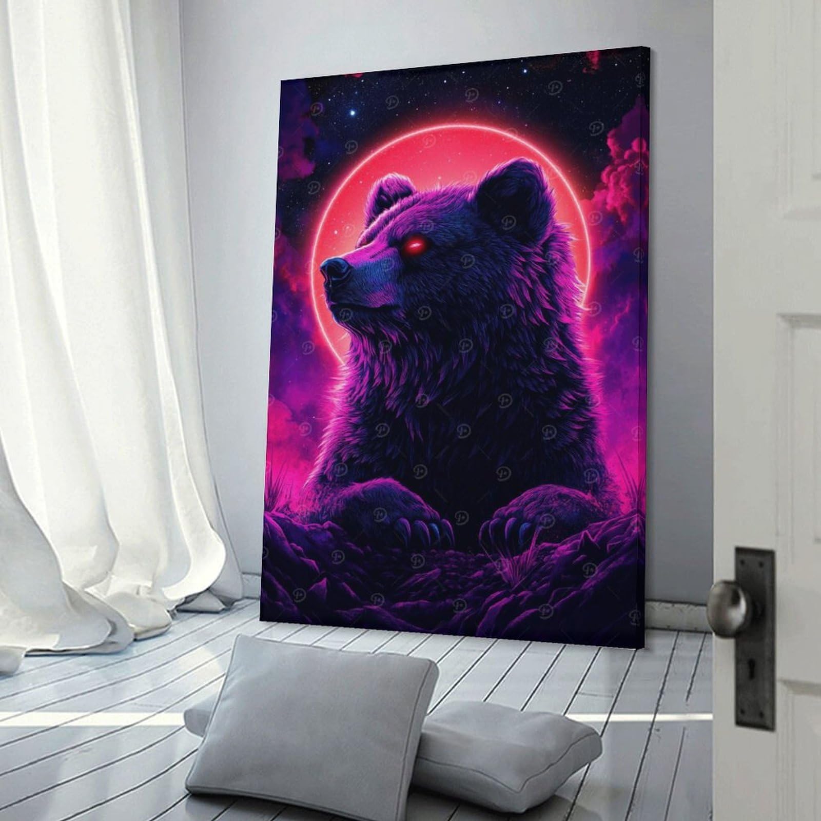 Junmoney Neon Bear Under Red Moon Hanging Wall Art 16x24inch(40x60cm), for Bedroom Walls, Guest Spaces Or Lounges, Home Artwork with A Soft Interior Feel