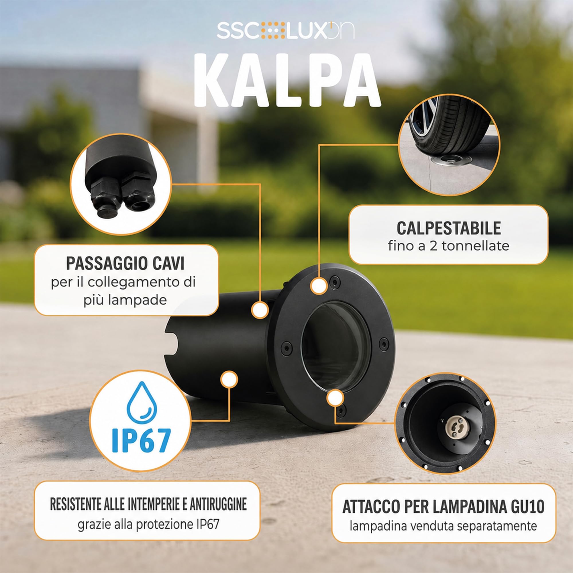 SSC-LUXon KALPA Nero - 6 Faretti Incasso Pavimento Esterno IP67 230V I segnapasso carrabile, calpestabile, senza lampadina, acciaio inox e vetro reale, per giardino, vialetto e terrazza