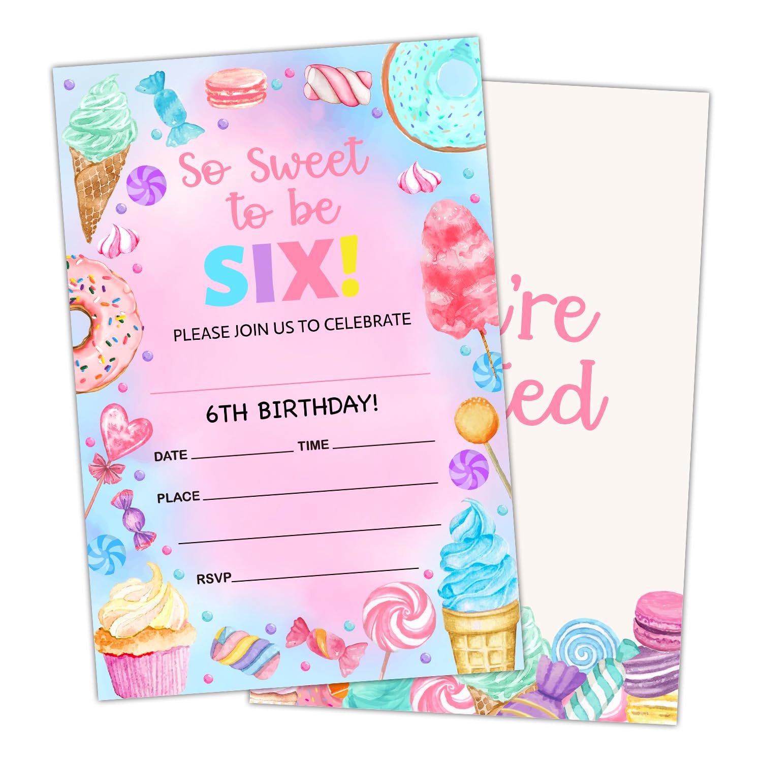 ltazhyi So Sweet to Be Six Birthday Party Invite Card for Kid, 6th Birthday Invitation for Girls, Set of 20 Cards and 20 Envelopes, Cupcake Candy