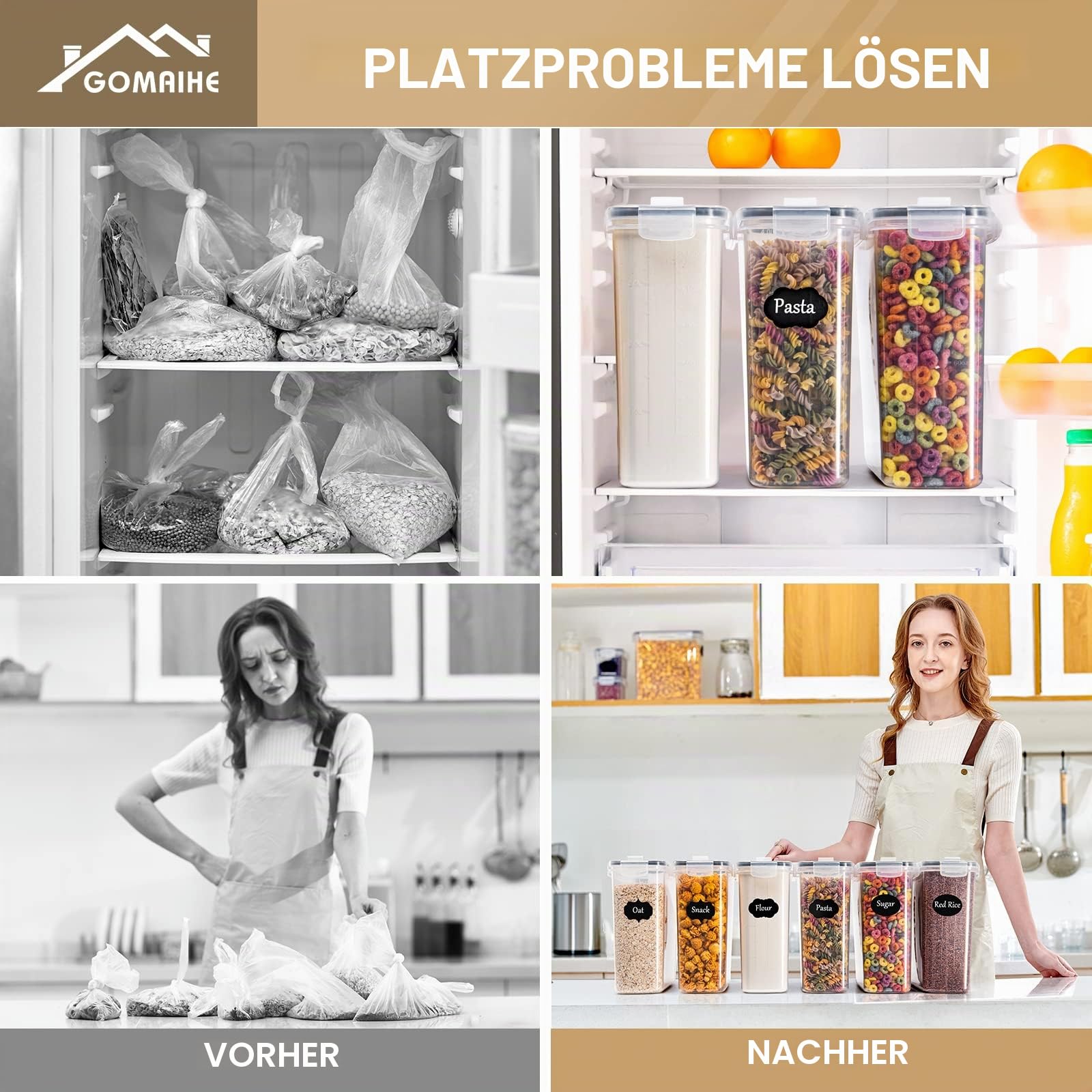 GoMaihe 4L Vorratsdosen 6 Set, Aufbewahrungsbox Küche Luftdicht Behälter aus Plastik Mit Deckel, Vorratsgläser zur Aufbewahrung von Nudeln, Müsli, Reis, Mehl, und für Futter Haustiere, MEHRWEG