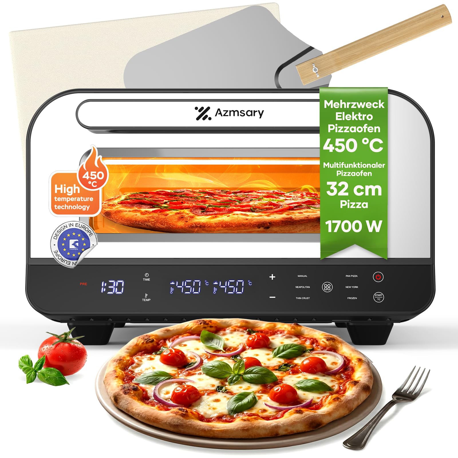 Electric pizza oven – 6 programs, 1700W, max. 450°C, suitable for 32cm pizzas – 5-in-1 multifunction: pizza, grilling, keeping warm, baking and cooking – includes pizza stone and pizza peel (Black)