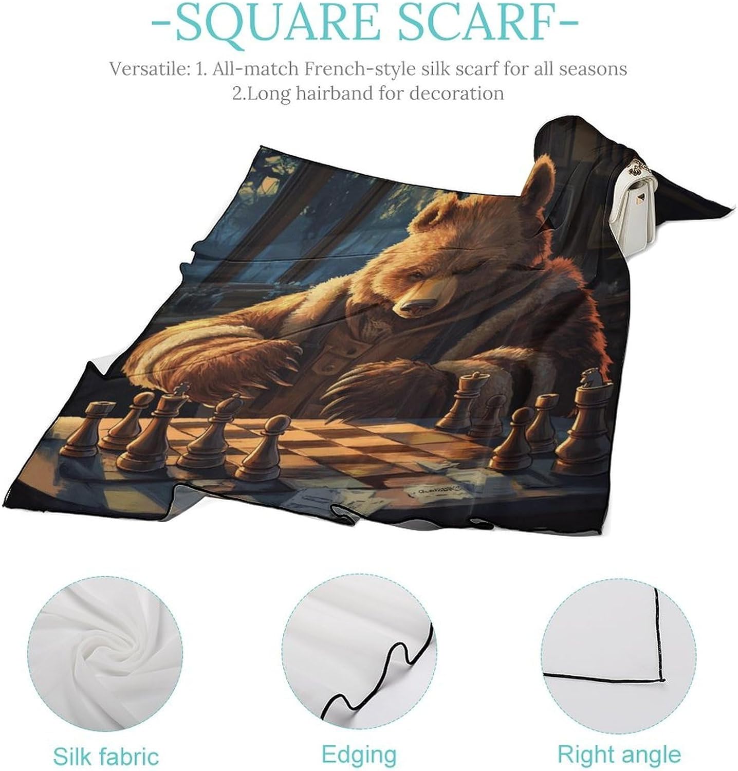 Bear Playing Chess Bandana Fashion Head Scarf Square Silk Scarf Print Neck Hair Scarfs for Women Men Gifts
