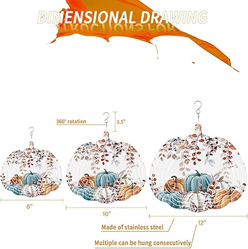 Miniatura 2 de Molinillo de viento de otoño, calabaza, hoja de eucalipto, de acero inoxidable, para patio y jardín, acuarela, calabaza, esculturas de viento, 8