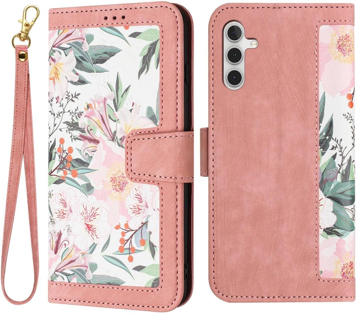 For Samsung Galaxy A56 5G Case, Floral Flower Pattern PU Leather Wallet Flip Case Magnetic Shockproof Cover with Card Holder Stand Pink