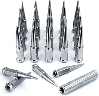 M14x1.5 Spike Lug Nuts, Wheel Accessories Parts Set of 24 Chrome Wheel Lug Nuts Cone Seat with 1 Socket Key, Silver Closed-End Nuts, Compatible for Chevy Silverado GMC Ford