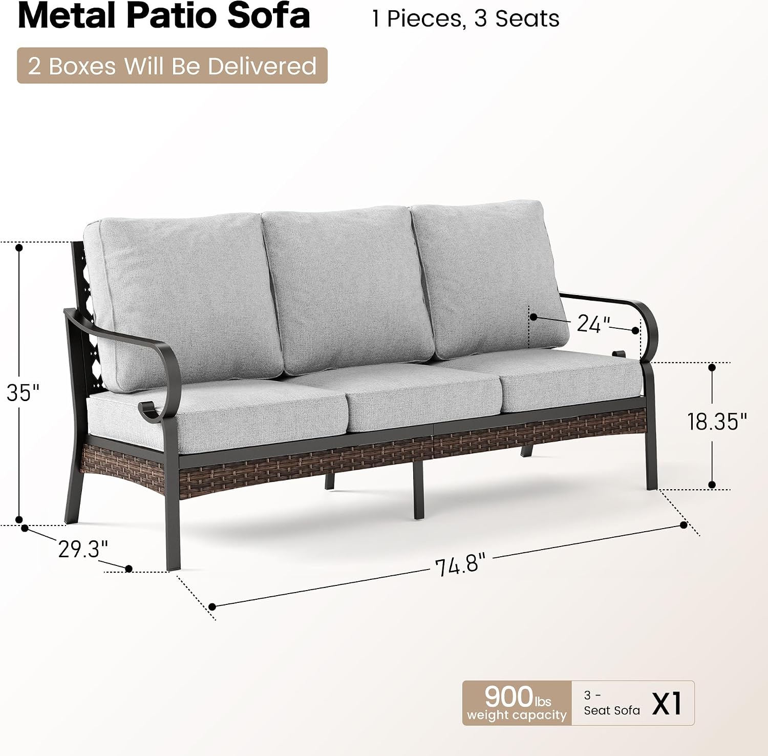 Metal Patio Furniture Sofa with 5.75" Extra Thick Cushion, 3-Seater Deep Seating & High-Back Black Frame Outdoor Couch All Weather Outdoor Seating for Deck Gazebo Porch, Light Gray