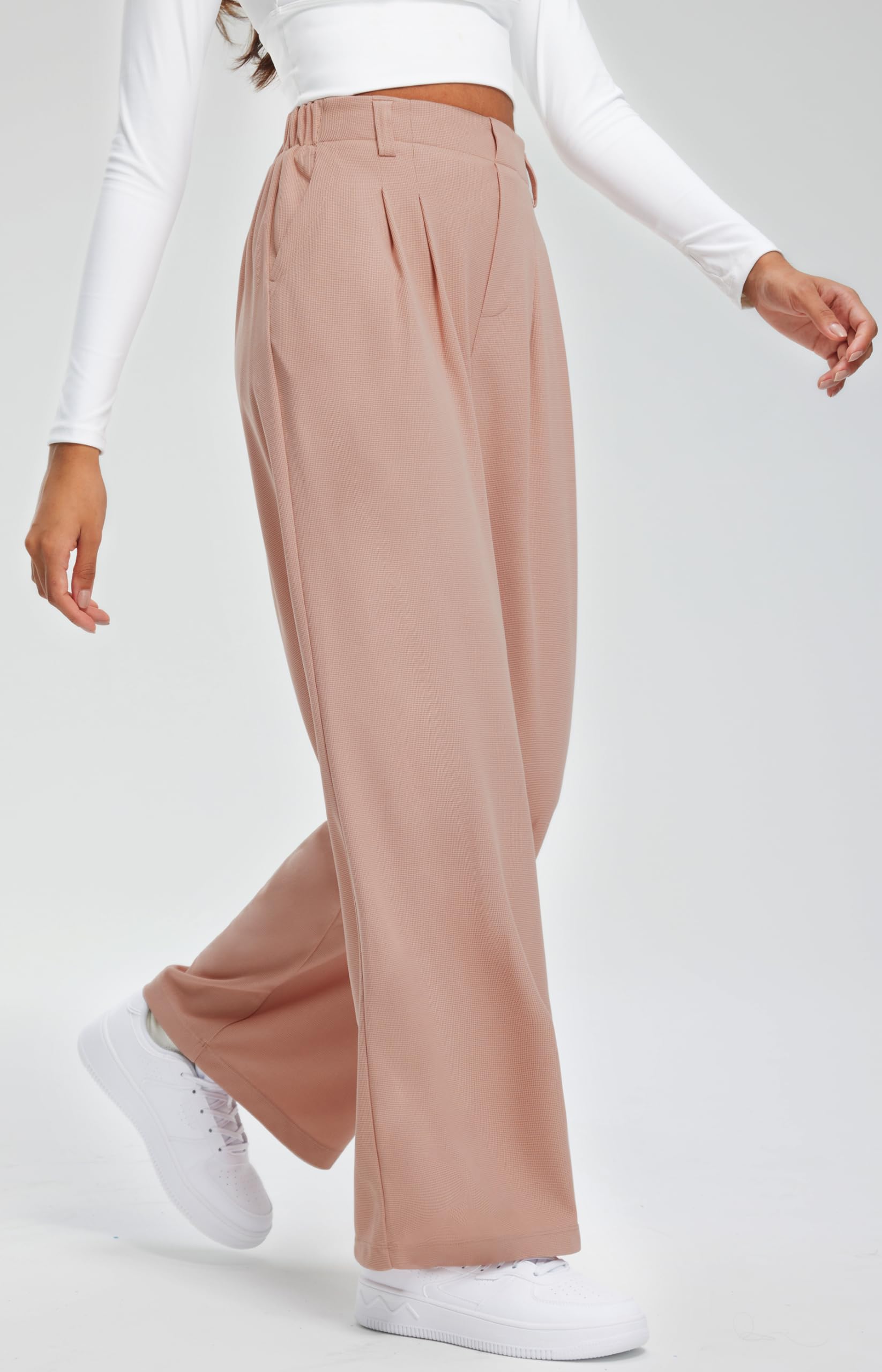 Libin Pantalon à jambe large pour femme - Taille haute - 73,7 cm - En tricot gaufré - Décontracté - Pour le travail - Pantalon palazzo avec poches