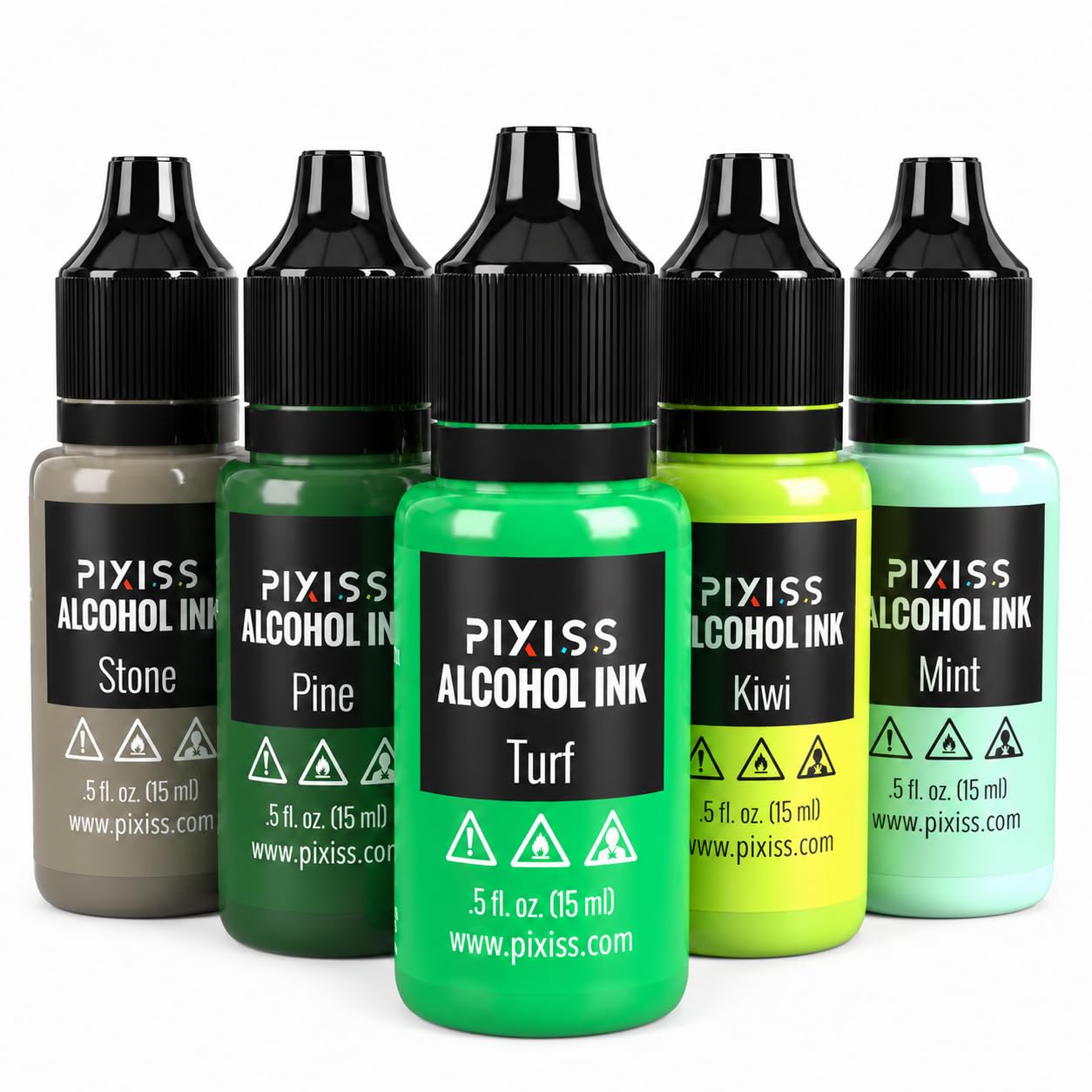 Pixiss Juego de tintas de alcohol verde, 5 tonos de tinta de alcohol altamente saturada para suministros de resina epoxi, papel yupo, vasos, posavasos, colorante de resina para resina epoxi y