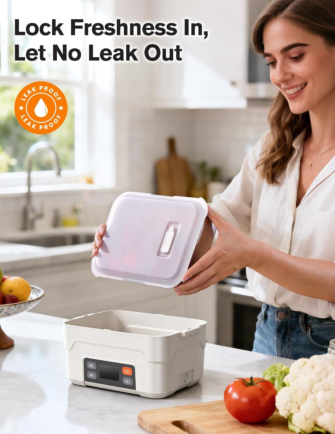XL 6.3-Cup/1.5L Cordless Electric Lunch Box for adults, Heated Lunch Box Food Heater 220°F Stainless Steel Container for Work Outdoor Travel, Pearl White