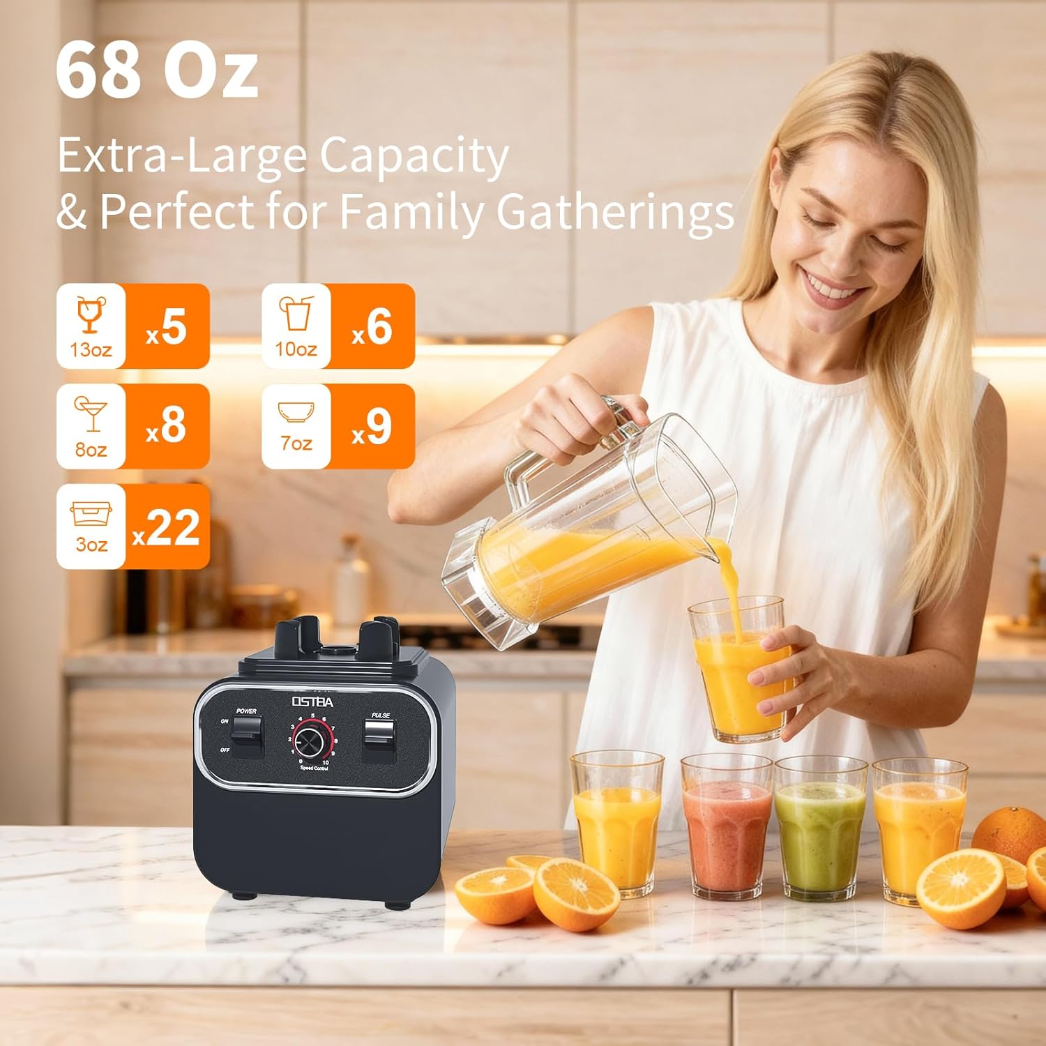 OSTBA 1600W Commercial Professional Blender for Kitchen, Heavy Duty Countertop Smoothie Blender, 68oz Large Capacity, 10-Speed Control, 6-Leaf Blades for Ice Crushing & Frozen Fruit, BPA-Free