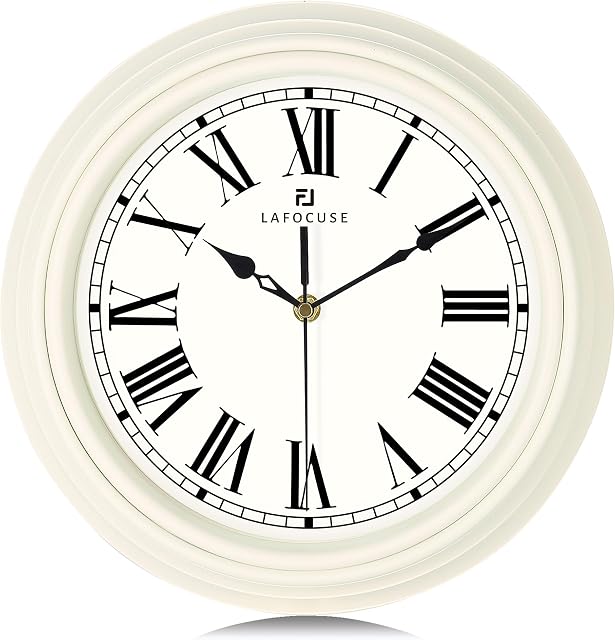 Lafocuse 12 Inch crème blanc horloge murale silencieux non ticking, chiffres romains rétro Horloges pour salon chambre à coucher de cuisine, Horloge Murale batterie décorative