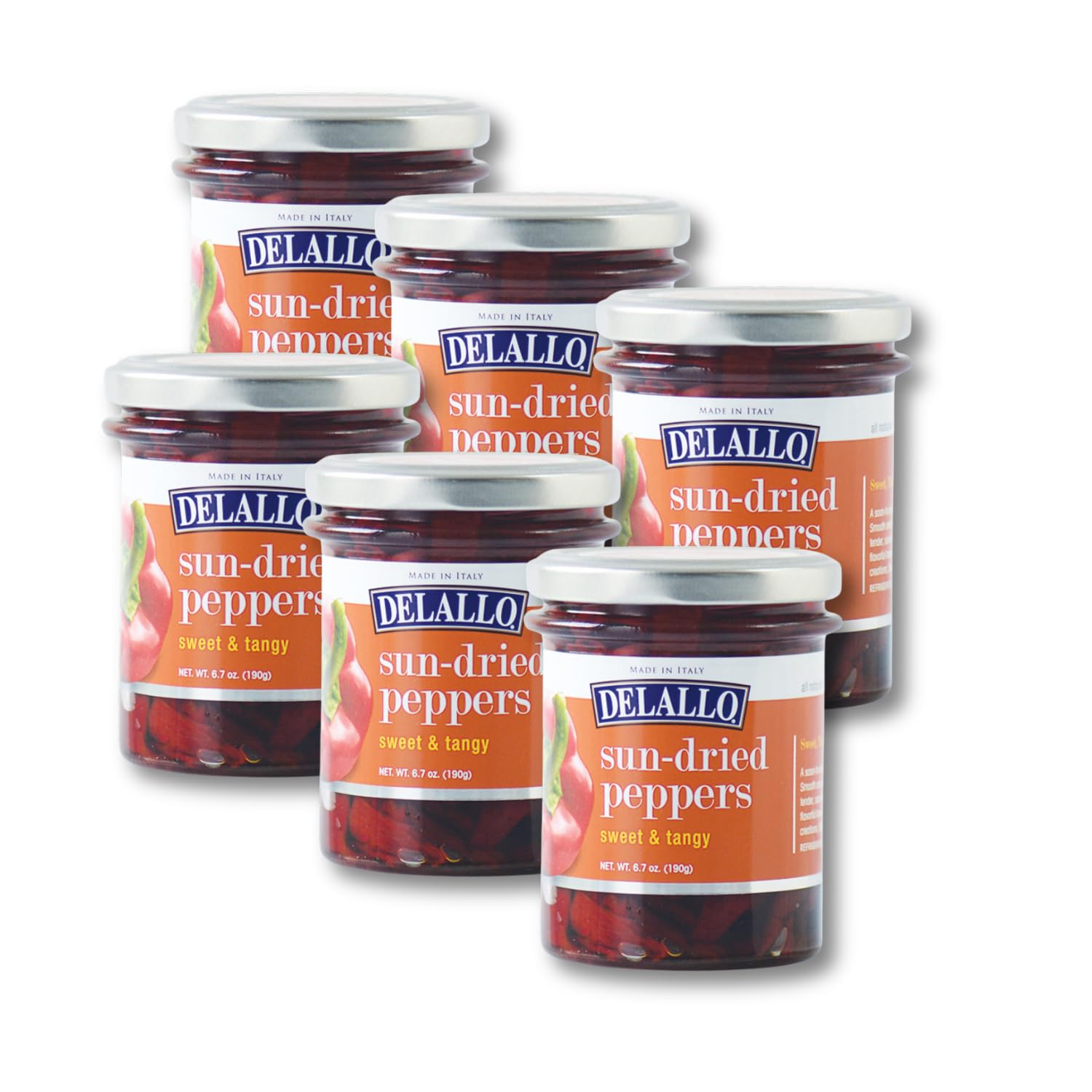 DeLallo Sun-Dried Sweet and Tangy Peppers, Marinated in Sweet Vinegar, Grown and Harvested in Italy, Vegan, Gluten Free, Non-GMO, 6 oz Jar, (6 Pack)