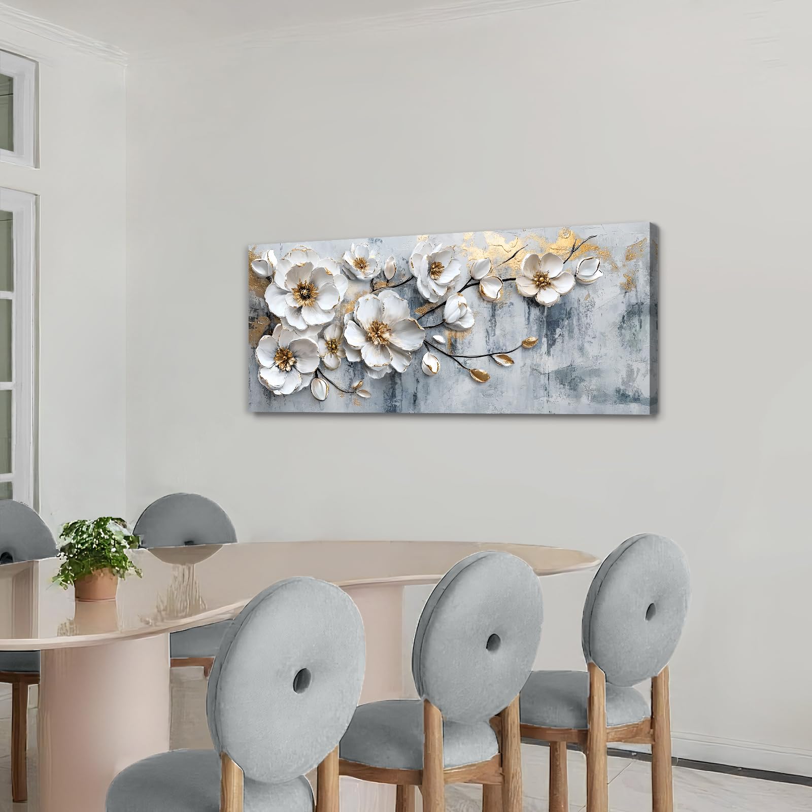 WENGTIAO Stampa su Tela Peonia Bianca Floreale Con Cornice Grande Quadro su Tela Pittura Estetica Fiori Bianchi Quadro Moderno Soggiorno Camera da Letto Decorativo Parete 120x50 cm
