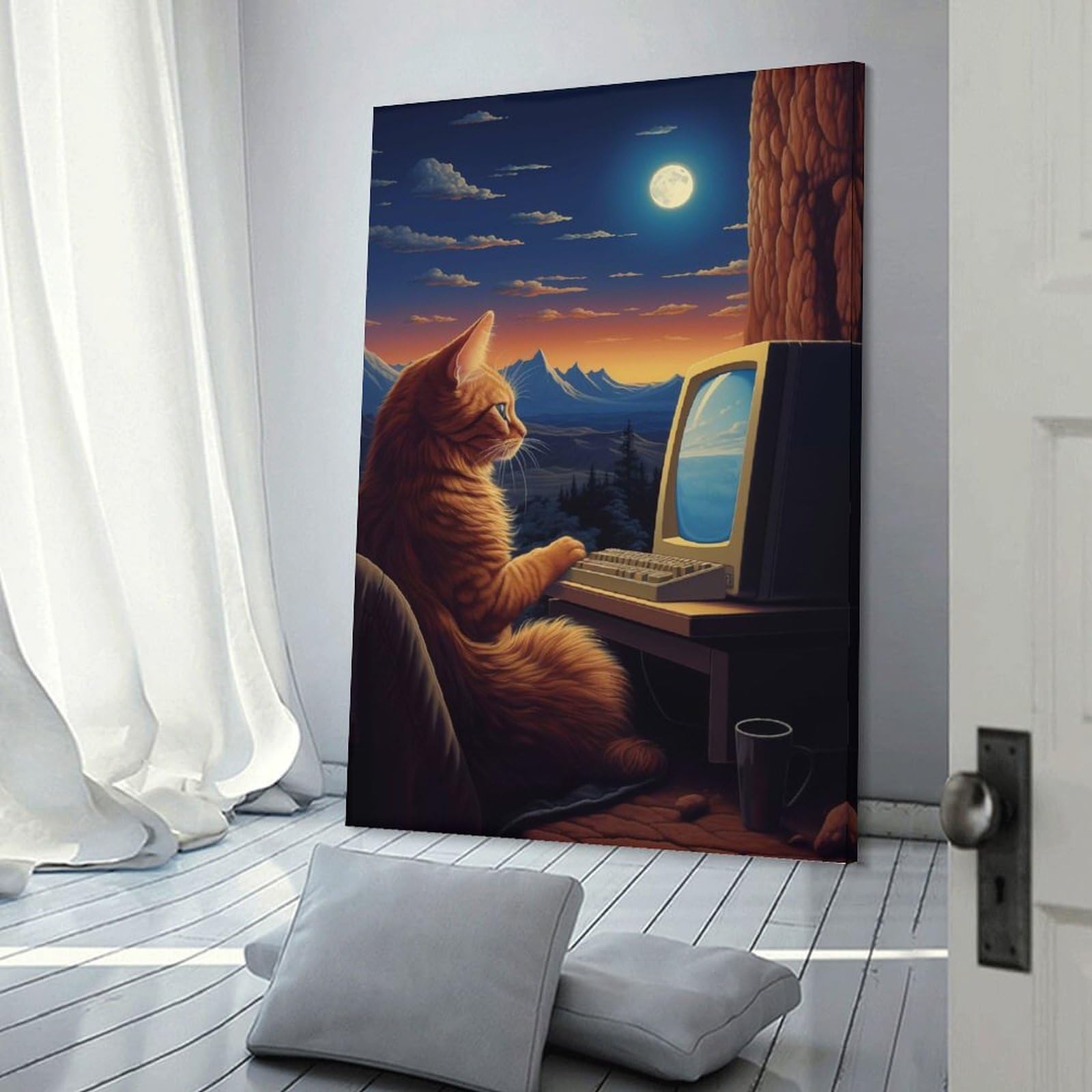 Junmoney Decorative Wall Artwork Computer Cat, 24x36inch(60x90cm), for Living Room, Bedroom Or Apartment Walls, Decorative Artwork for Empty Walls