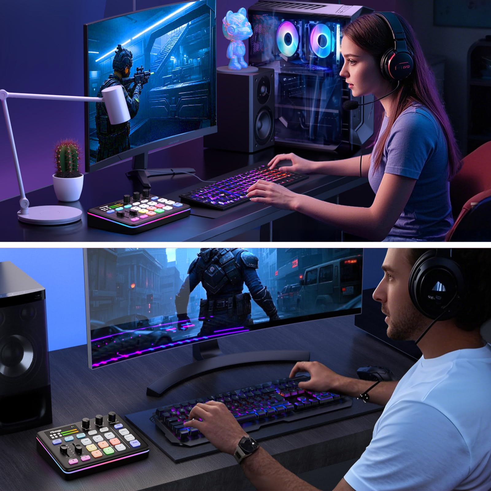 Facmogu G9 Gaming Audio Mixer, Audio Interface mit 3.5mm/XLR Mic In, RGB, Bluetooth, 48V Phantom Power, Voice Changer, Live Sound Card Board für Live Streaming, Podcast, Gaming - nicht für USB Mic