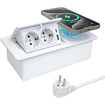 Jacepfy Retractable Socket PD20W USB-C and 15W Inductive Charging, White | USB-A and Type-C Fast Charge, 15W Wireless Charger