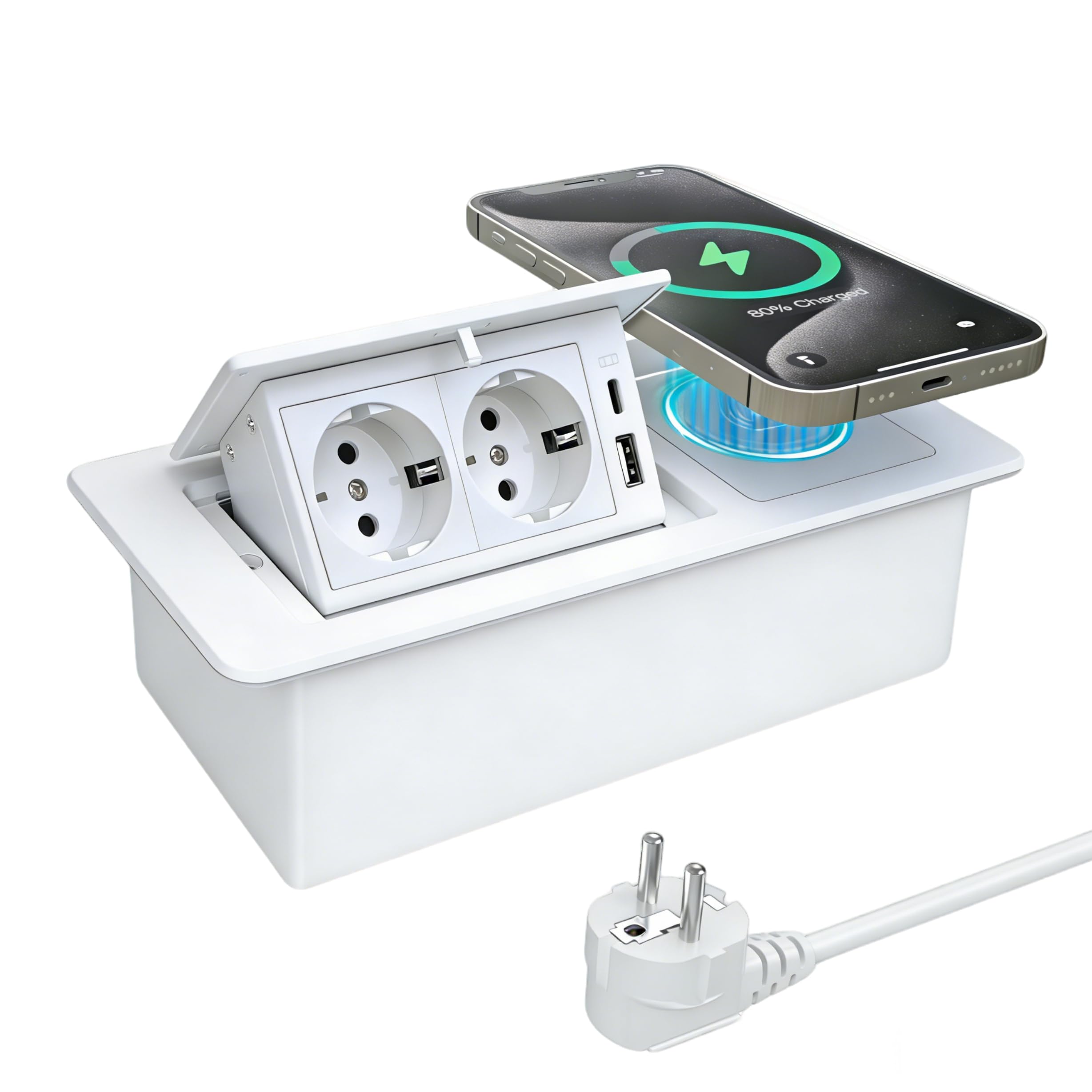 Enchufe retráctil PD20 W USB C y carga inalámbrica de 15 W, 2 enchufes, enchufe de mesa para escritorio, encimera de cocina, color blanco