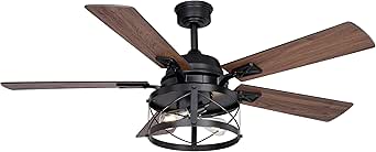 VAXCEL Elburn 52 in. Black Indoor Rod Mount Farmhouse Ceiling Fan with Reversible Dark Bronze-Walnut Blades, Dimmable LED Light Kit and Remote Control Included, 3 Speeds, Wire Cage Drum Shade