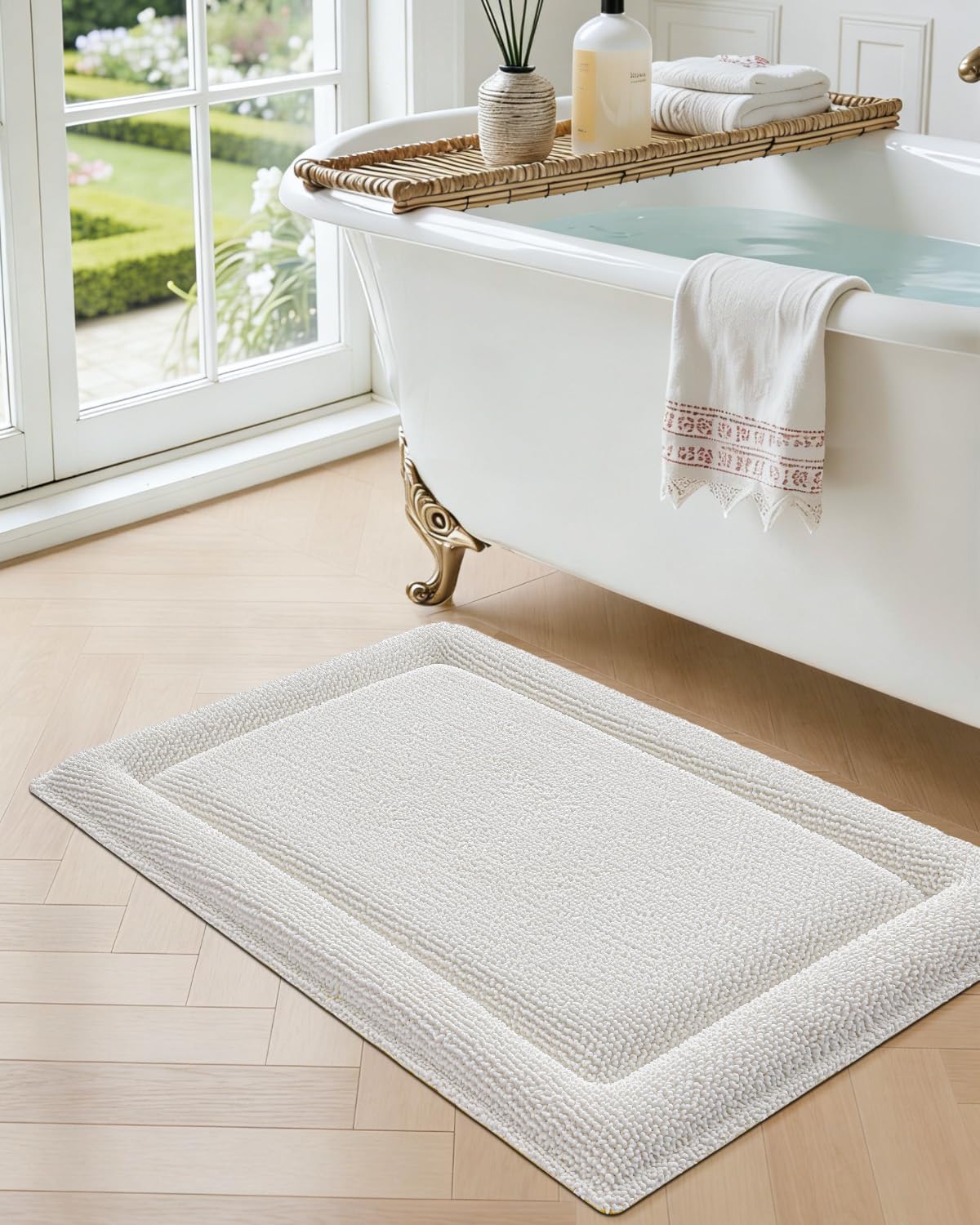 DEXI Memory Foam Bath Mat 24x17, Soft Absorbent Chenille Bathroom Rug, Non Slip Quick Dry Bath Mats for Bathroom, Thick Plush Floor Carpet for Tub Shower, Sink, Ivory - Image 4