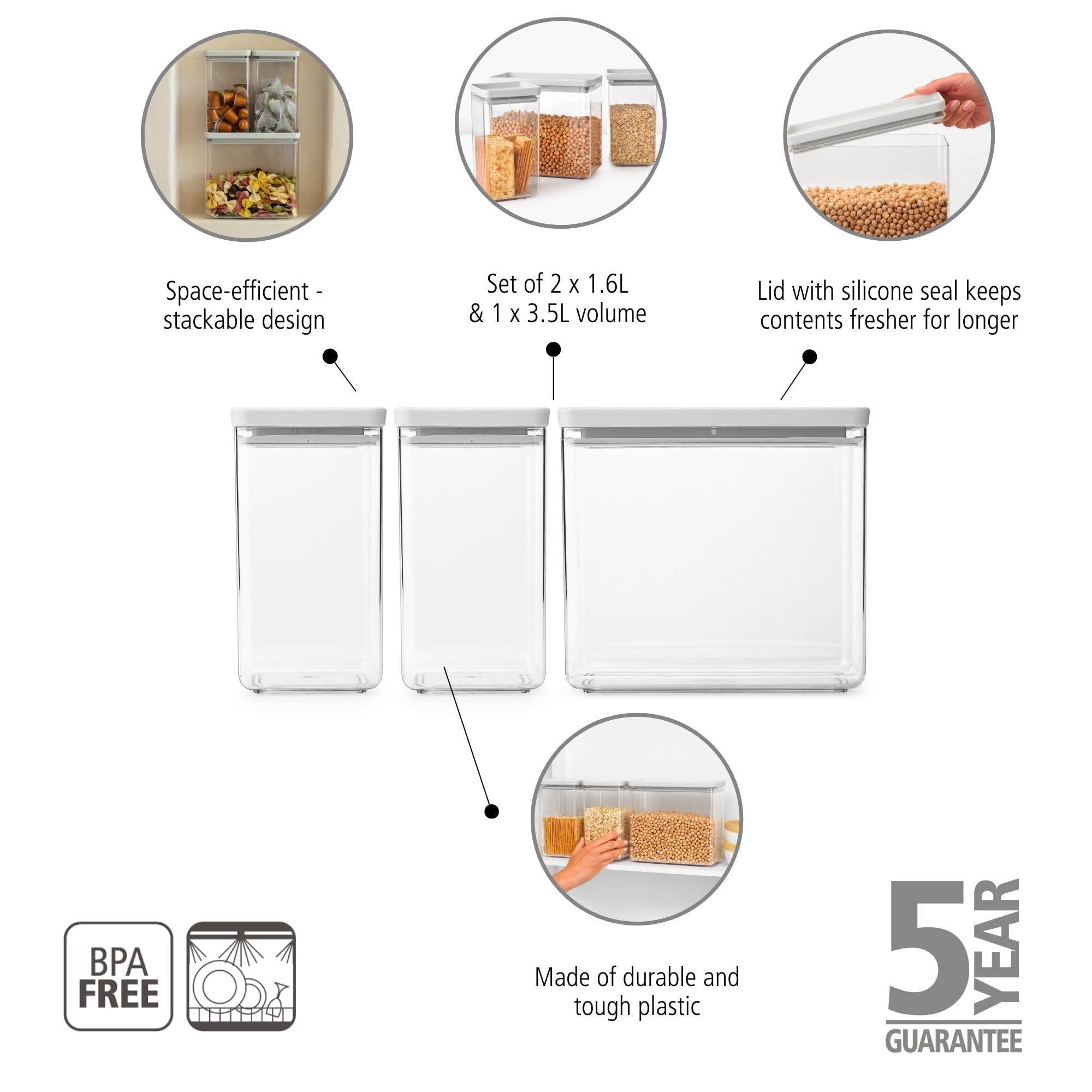 Juego de 3 botes apilables TASTY+ Brabantia - 2 x 1,6 L + 1 x 3,5 L | Recipiente hermético para alimentos con tapa de silicona para cocina | Tarro para comida seca/húmeda, azúcar, harina | Light Grey