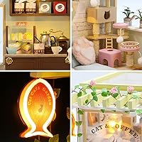 Vista 4 de Cat Cafe - Kit de casa de muñecas en miniatura de madera para mascotas, gatos, cafetería, accesorios de modelo de construcción con muebles, caja