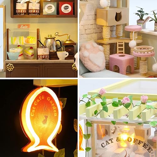 Miniatura 4 de Cat Cafe - Kit de casa de muñecas en miniatura de madera para mascotas, gatos, cafetería, accesorios de modelo de construcción con muebles, caja de