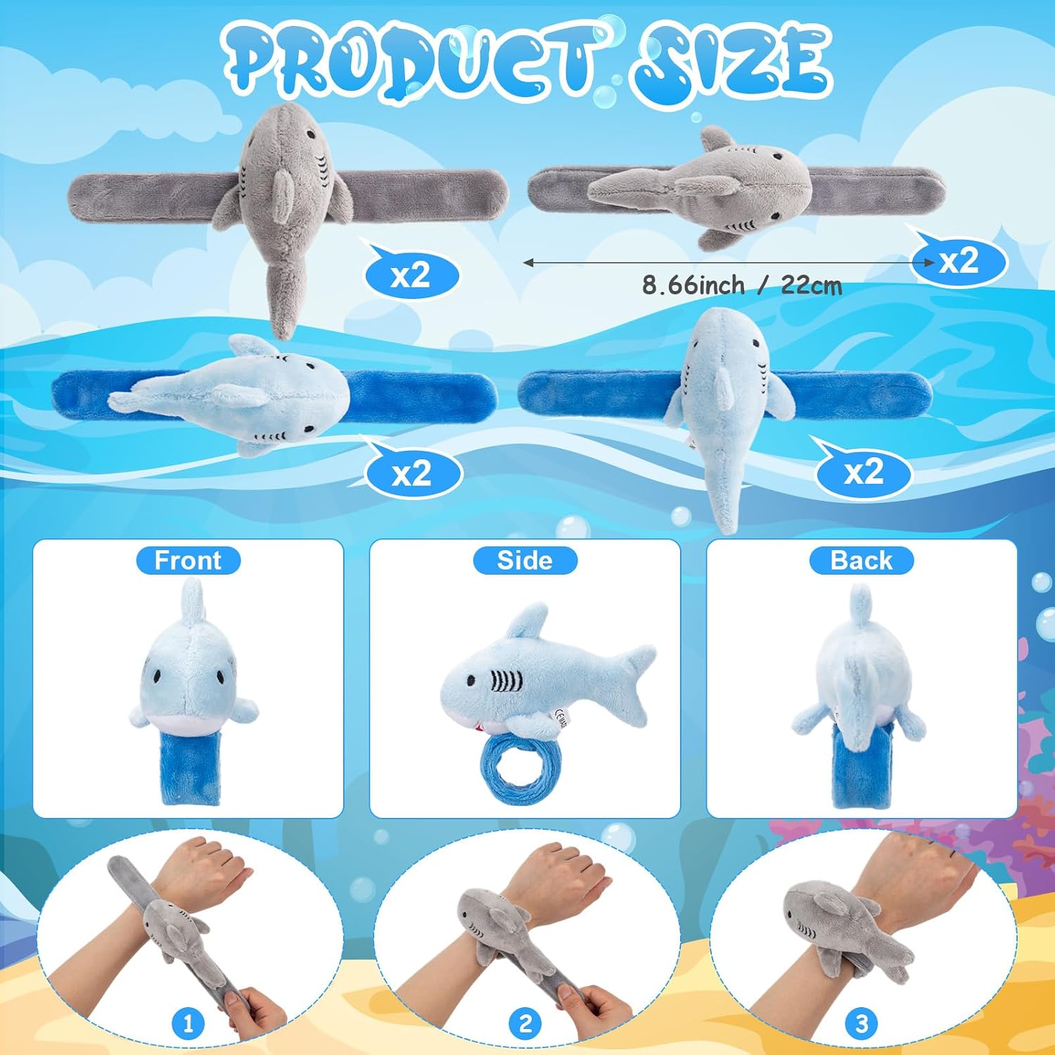 Lenwen 8 Pcs Plush Shark Slap Bracelets, Ocean Animal Party Favors for Kids