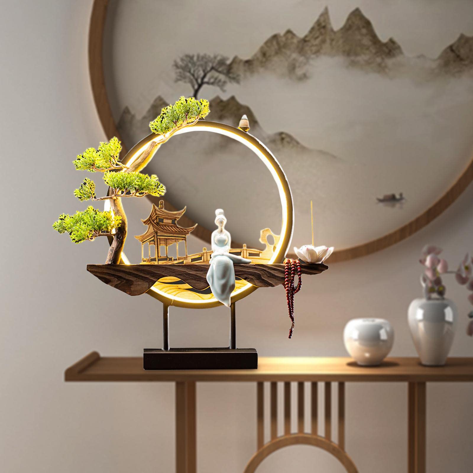 perfk LED-Lampe Rückfluss-Räucherstäbchen-Brenner im traditionellen chinesischen Stil, Figur, Rückfluss-Brunnen, Landschaftsdekor, Handwerk, Stil I
