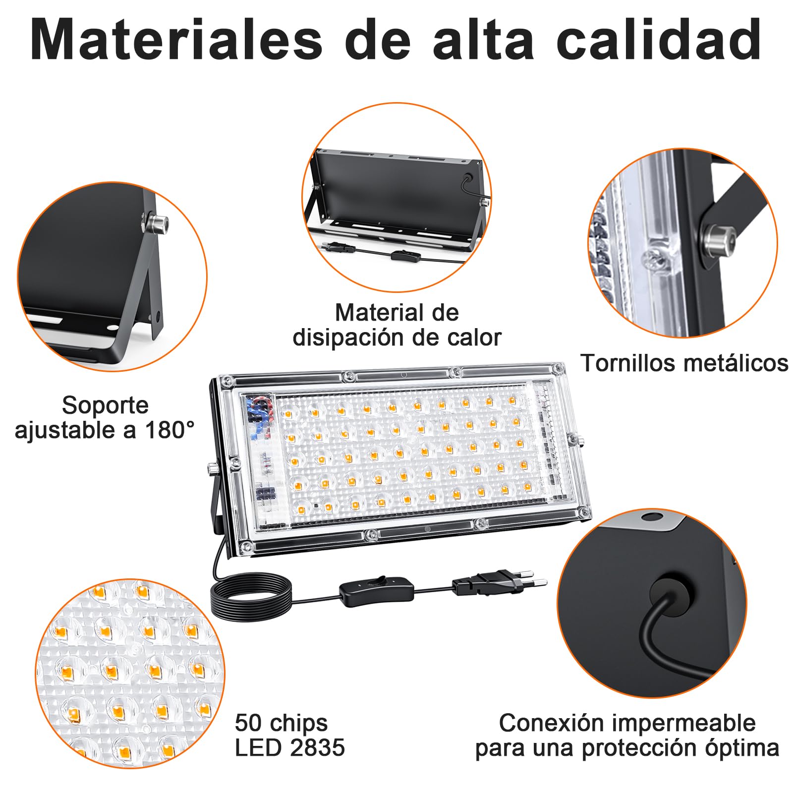 CREATESTAR Foco LED de 50W 2pcs, 3000K, Luz blanca cálida, Foco Led con Enchufe 5000lm IP65 Iluminación de Seguridad para Casa, Patio, Garaje, Terraza