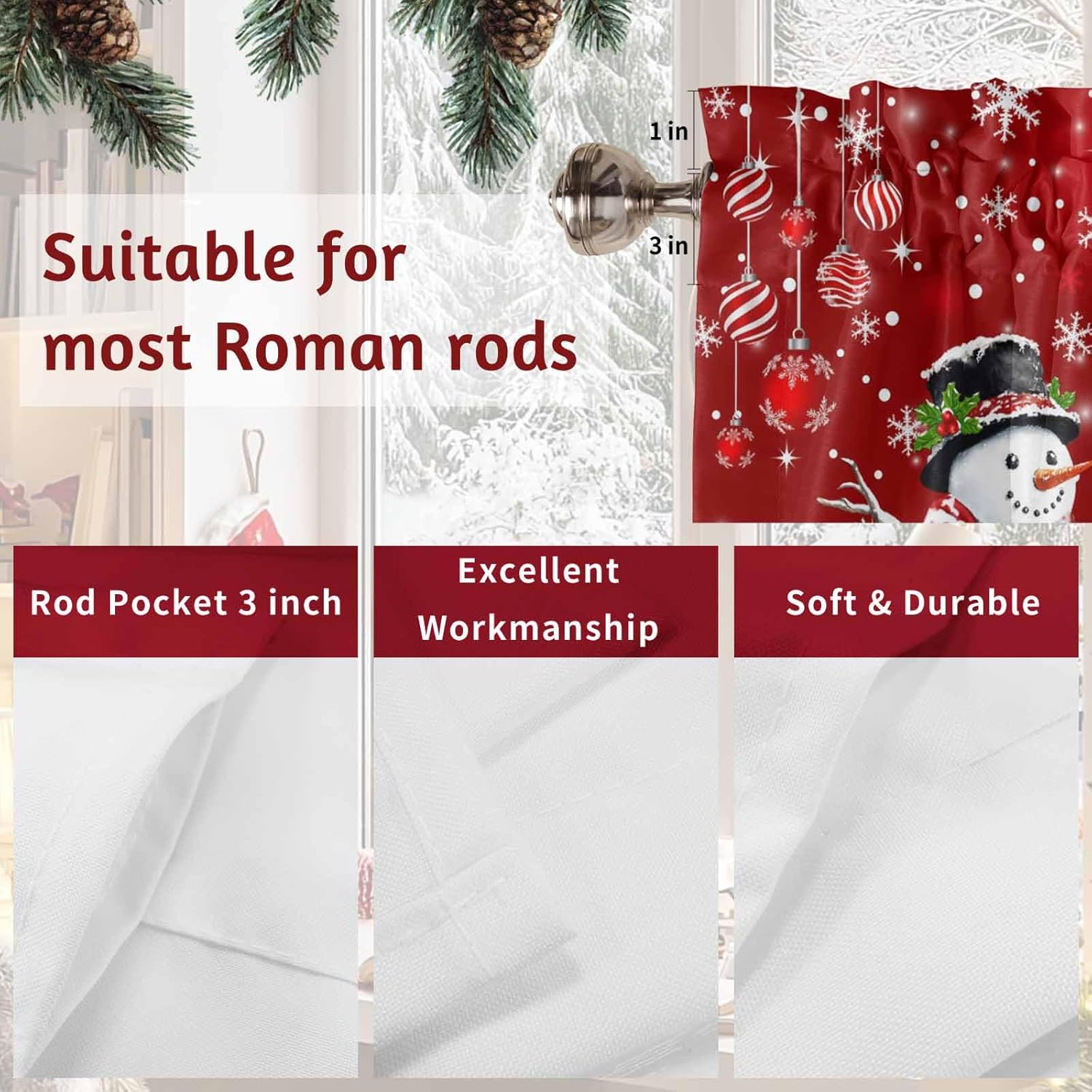 Christmas Snowman Curtains Swag Valance Xmas Ball Snowflake Present Rod Pocket Kitchen Curtains Winter Holiday Red Background Window Valances Swag Curtains for Christmas Decorations 1 Pair, 36"Wx36"L