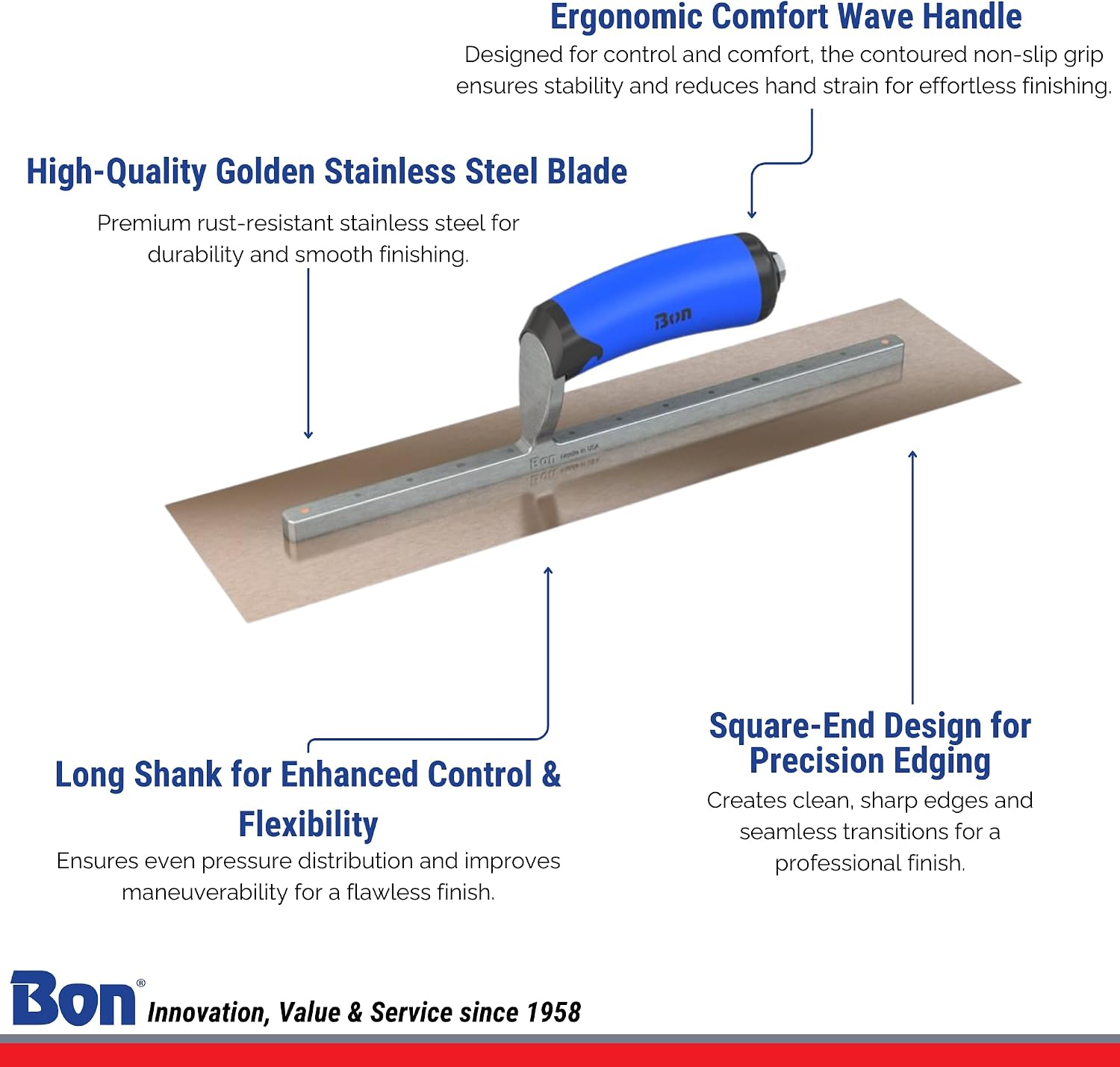 Bon Golden Stainless Steel Finishing Trowel - 13" x 5" | Professional Square-End Concrete Trowel with Comfort Wave Handle | Ergonomic Design for Precision Finishing