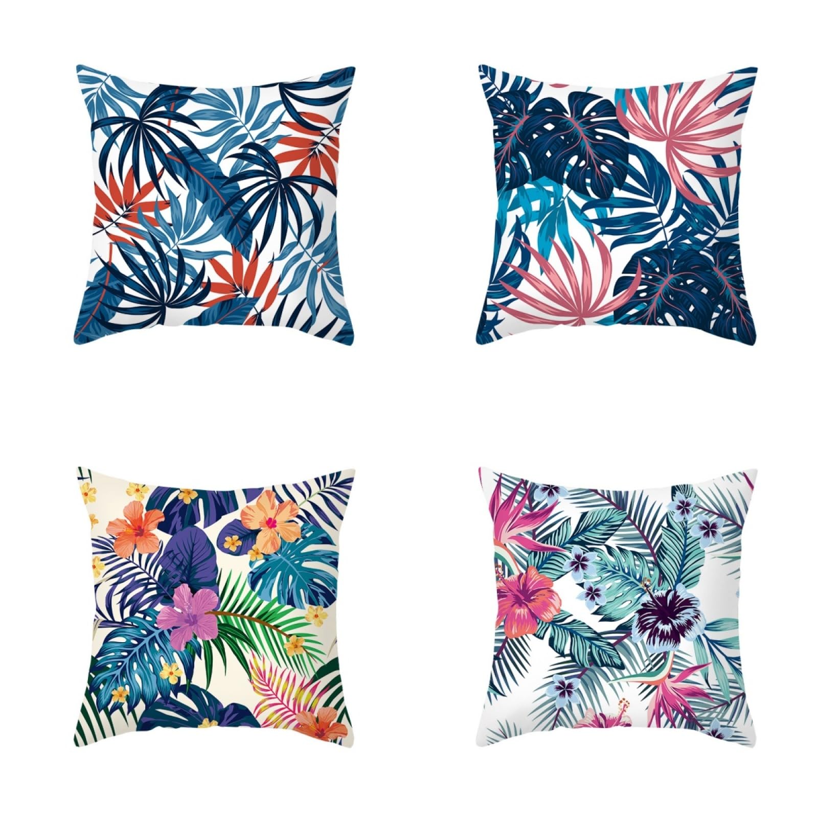 Pillow Cases 4 Pack Green Blue Leaves Cushion Covers Soft Linen Cushions with Covers Included Washable Sofa Cushions with Invisible Zip Pillowcase Breathable Pillow Cover 60x60 Cushion Cover