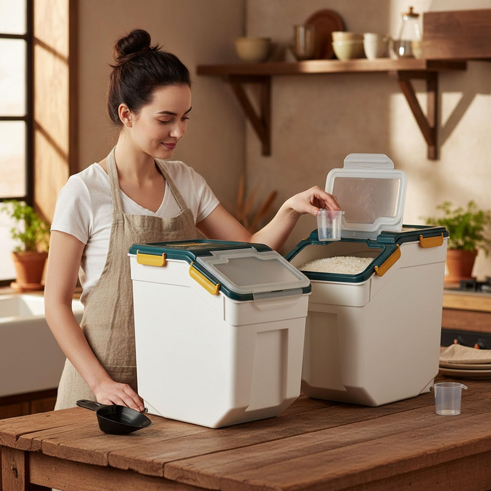 Set di 2 contenitori ermetici per farina da 20 kg con coperchio di chiusura, grande contenitore per riso e farina con ruote e misurino, dispenser per alimenti secchi senza BPA per cucina e