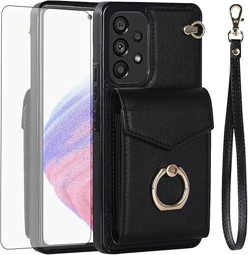 Asuwish Funda de teléfono para Samsung Galaxy A53 5G Funda tipo cartera con protector de pantalla de vidrio templado y anillo de bloqueo RFID,