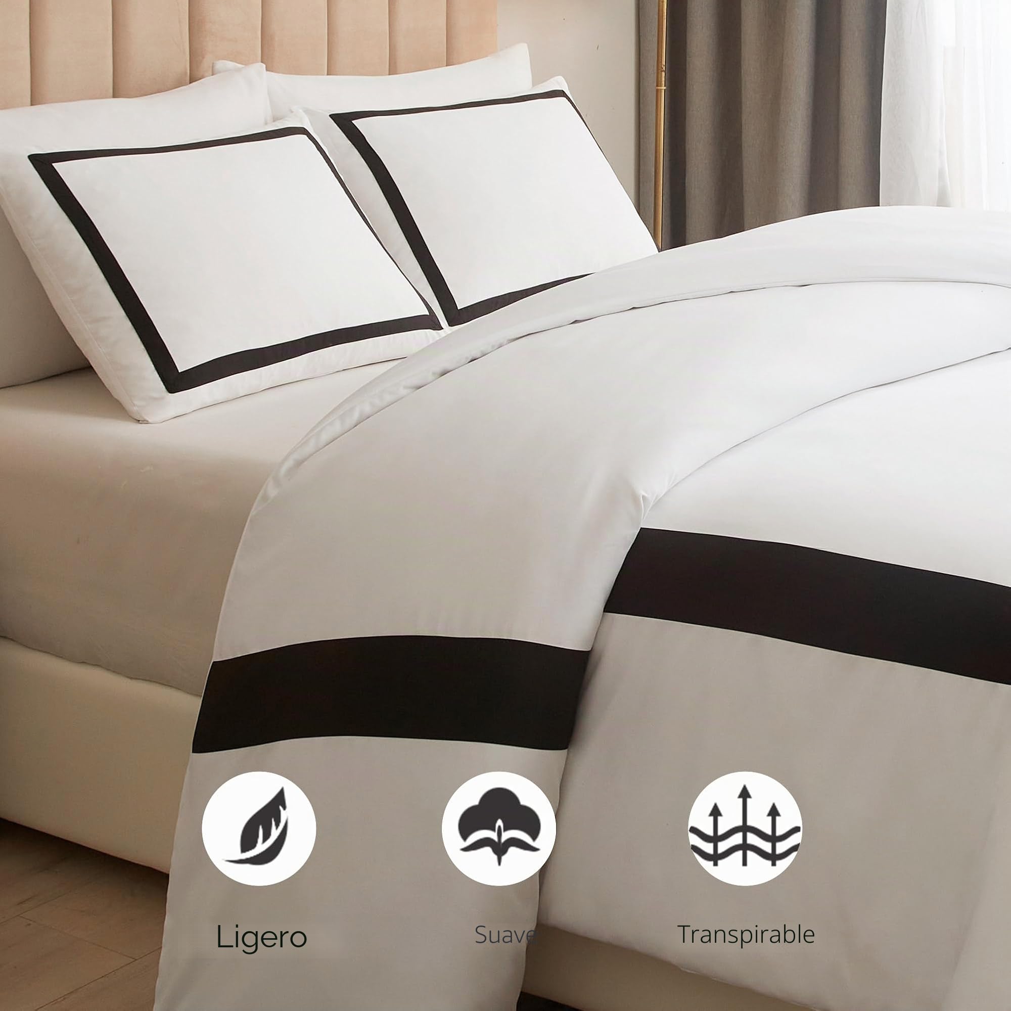OSVINO Juego de Funda Nórdica Hotel Blanco con Negro 200x200 cm con 2 Funda de Almohada 50x75 cm Fundas para Edredón Listada Microfibra Moderna