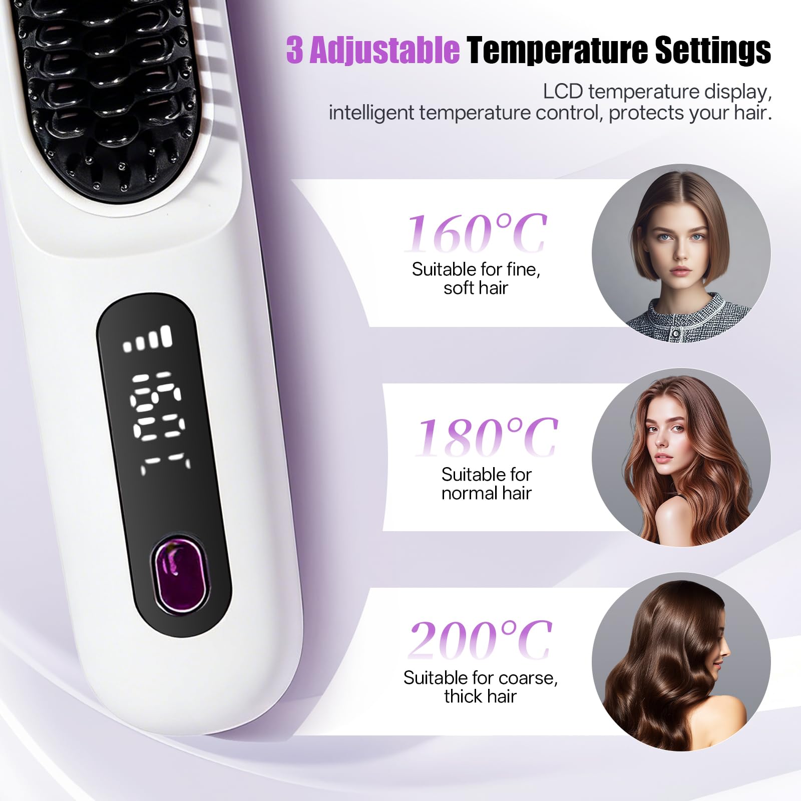 RUIZHI Haarbürste Elektrisch, Glättbürste Kabellos, Stylingbürste für Kurze Haare, Elektrische Haarglätter Bürste, Glättungsbürste, Hot Comb für Reisen, mit LED Anzeige und 3 Temperatureinstellung - 5