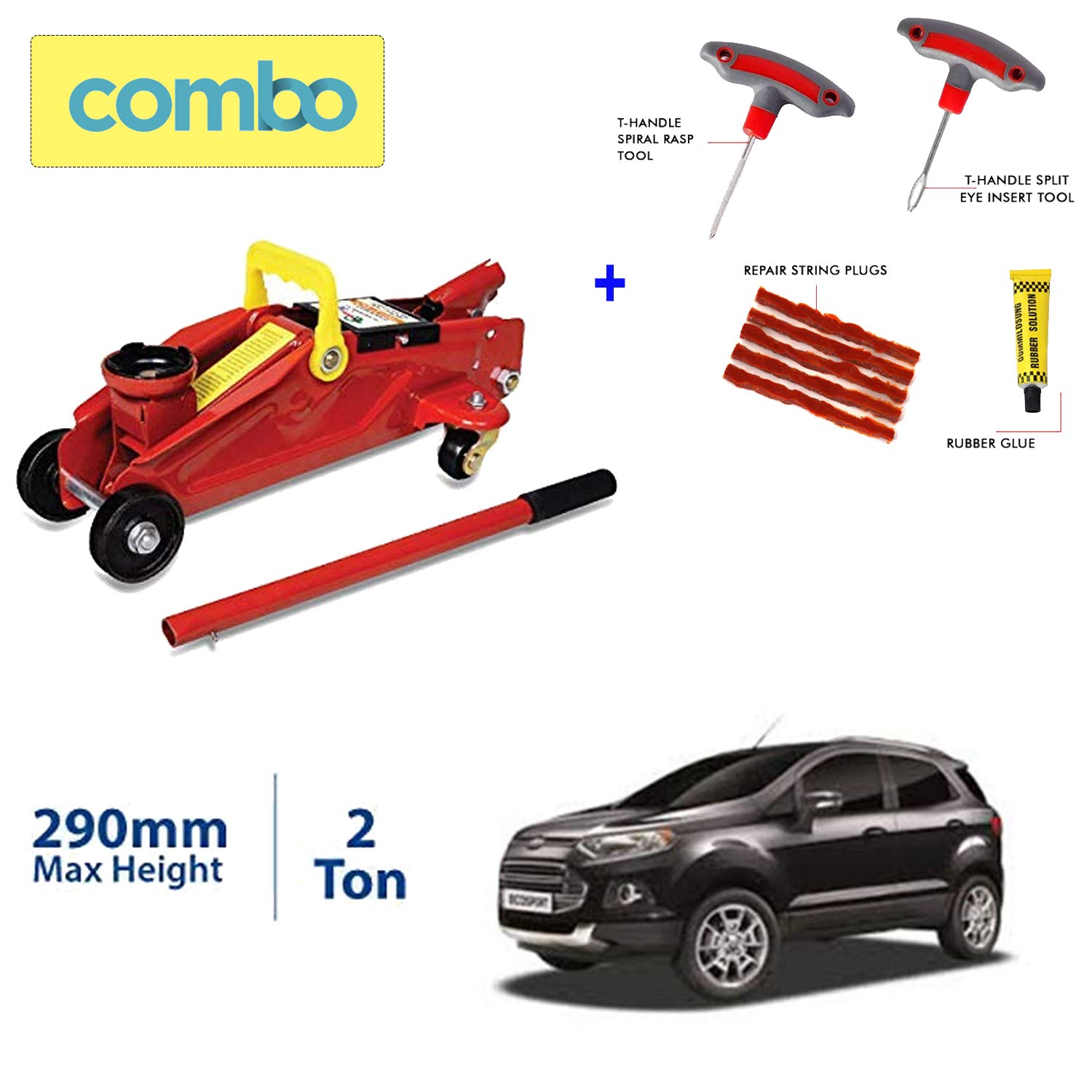 Semaphore (2 Ton) Car Hydraulic Trolley Jack and 4 in 1 Tubeless Tire Puncture Repair Kit Flat Tyre Patch Tools for Ford Ecosport