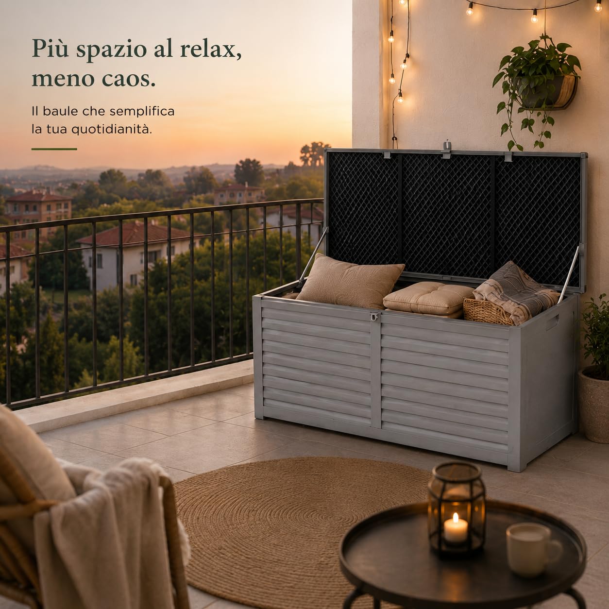 Baule Contenitore da Esterno In Resina 390 L | chiusura predisposta per lucchetto e apertura assistita, dimensioni 143.5x53.4x56.8 cm