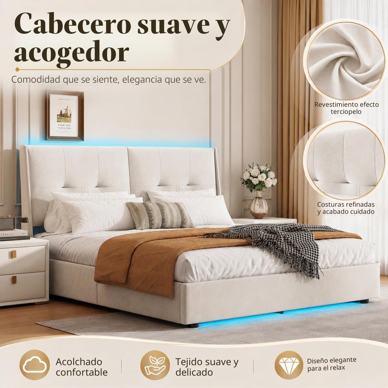 Cama Acolchada De Matrimonio 160 X 200 Cm, Estructura Para Cama Con LED, Almacenamiento De Elevación Hidráulica, Respaldo Cómodo, Somier De Láminas, Franela Beige