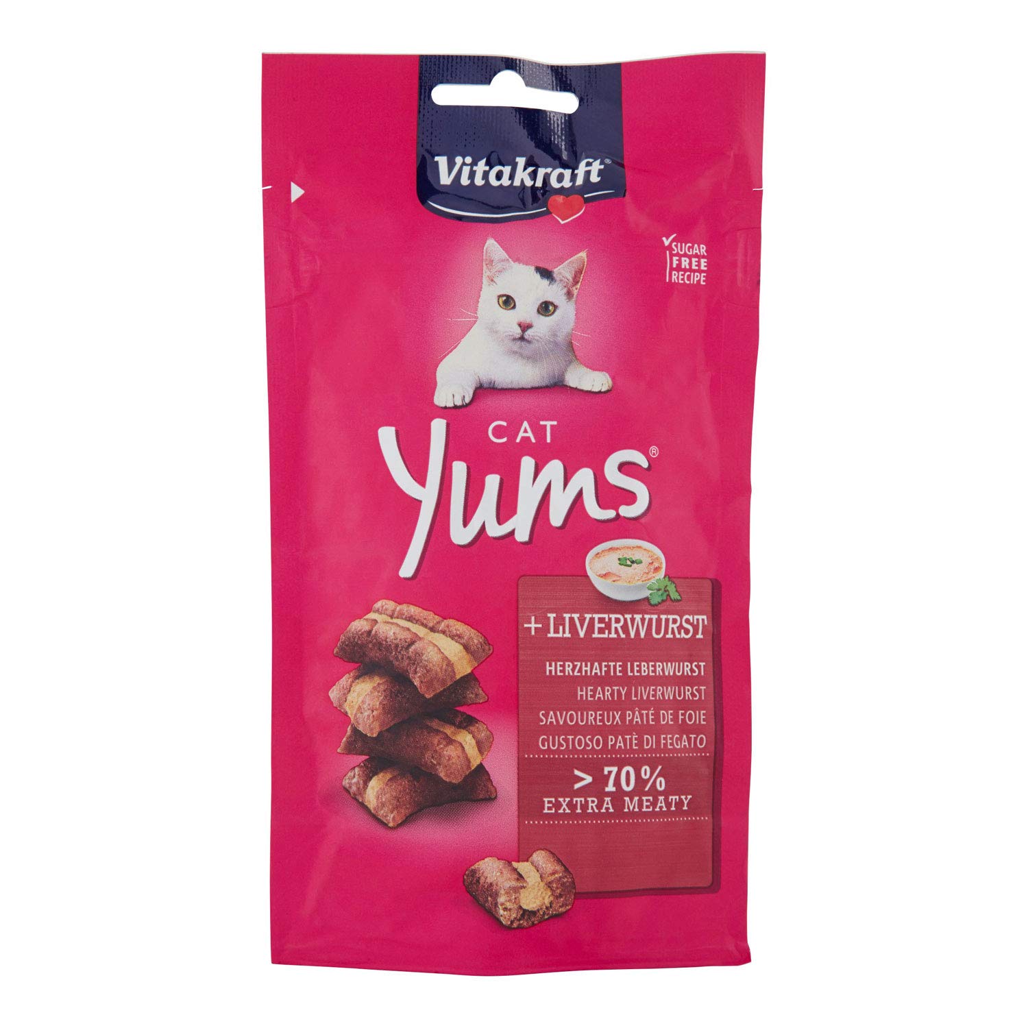 Vitakraft Cat Yums, przekąska dla kota z serdeczną kiełbasą wątrobową, ekstra mięsista, z widocznym wypełnieniem, w zamykanym woreczku, bez dodatku cukru i zbóż (1 x 40 g)