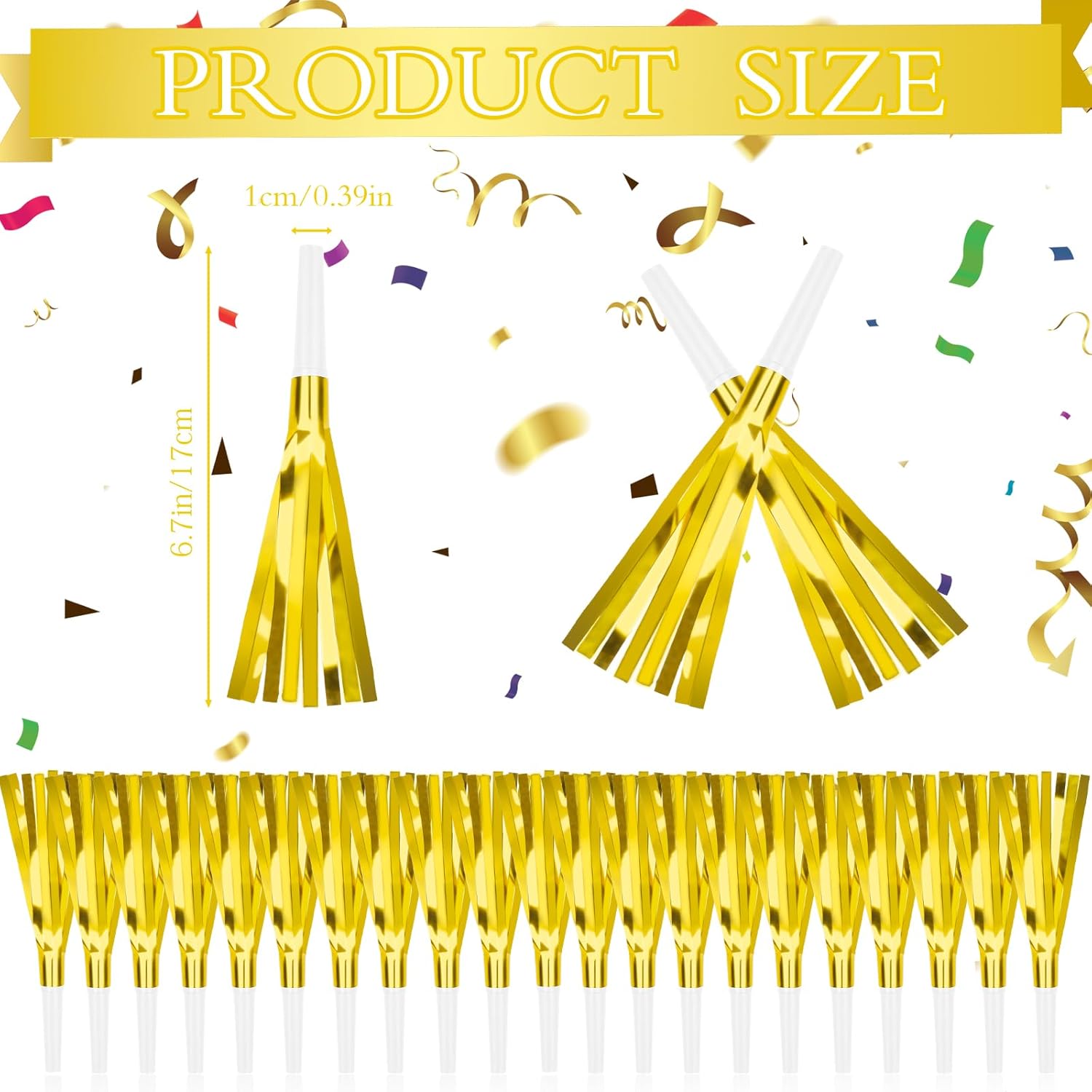 Denylo pro 24 Pcs Glitter Noise Makers Gold Noise Makers Metallic Fringed Party Blowers Adults Party Horns for Sporting Events Christmas New Year Festival Favor Supplies