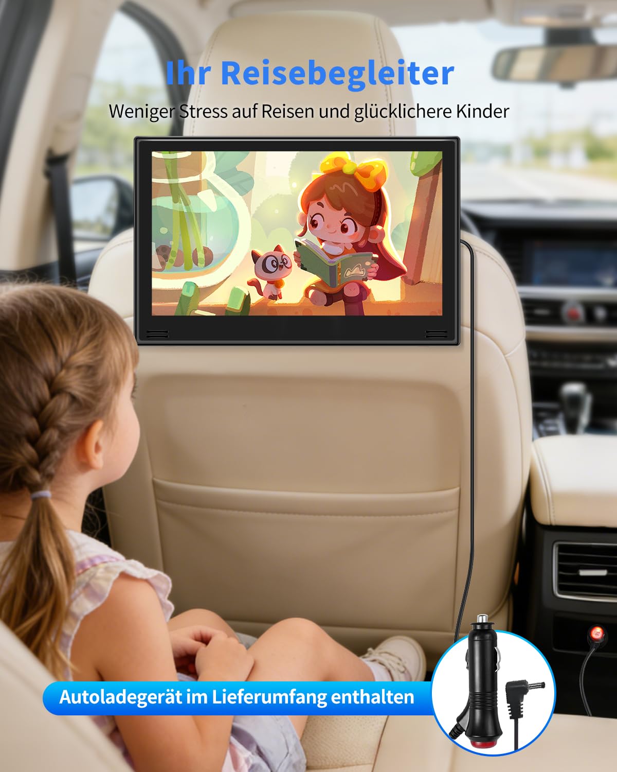 11,6" DVD Player Auto mit HDMI-Eingang & Ausgang, Tragbarer Auto DVD-Player mit Kopfstützenhalterung, Disc-Eingang mit Saugnapf, Unterstützt Letzter Speicher, USB/TF-Karte